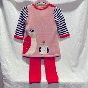 Baby Boden 0-3 months, knit sweater dress with owl embellishments with leggings